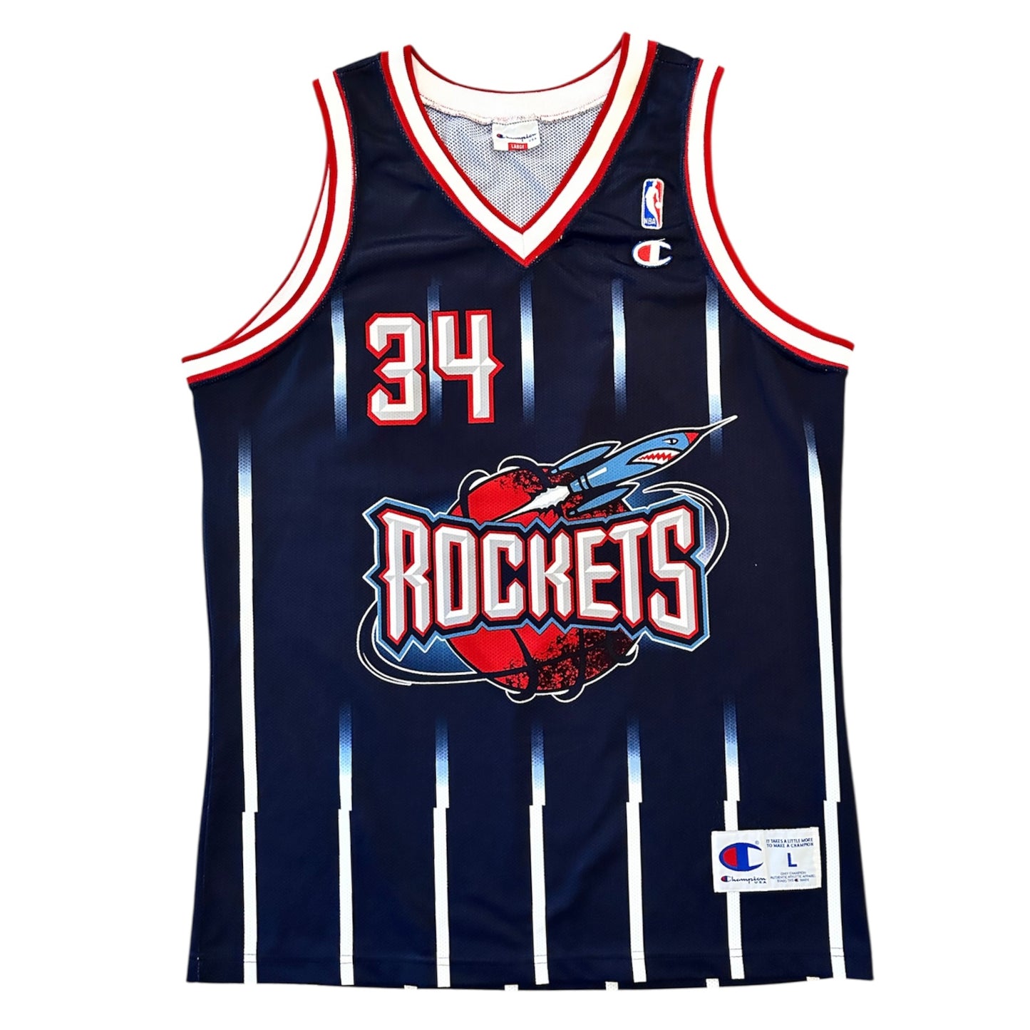 Maillot Hakeem Olajuwon #34 – Houston Rockets (Champion, pinstripes)